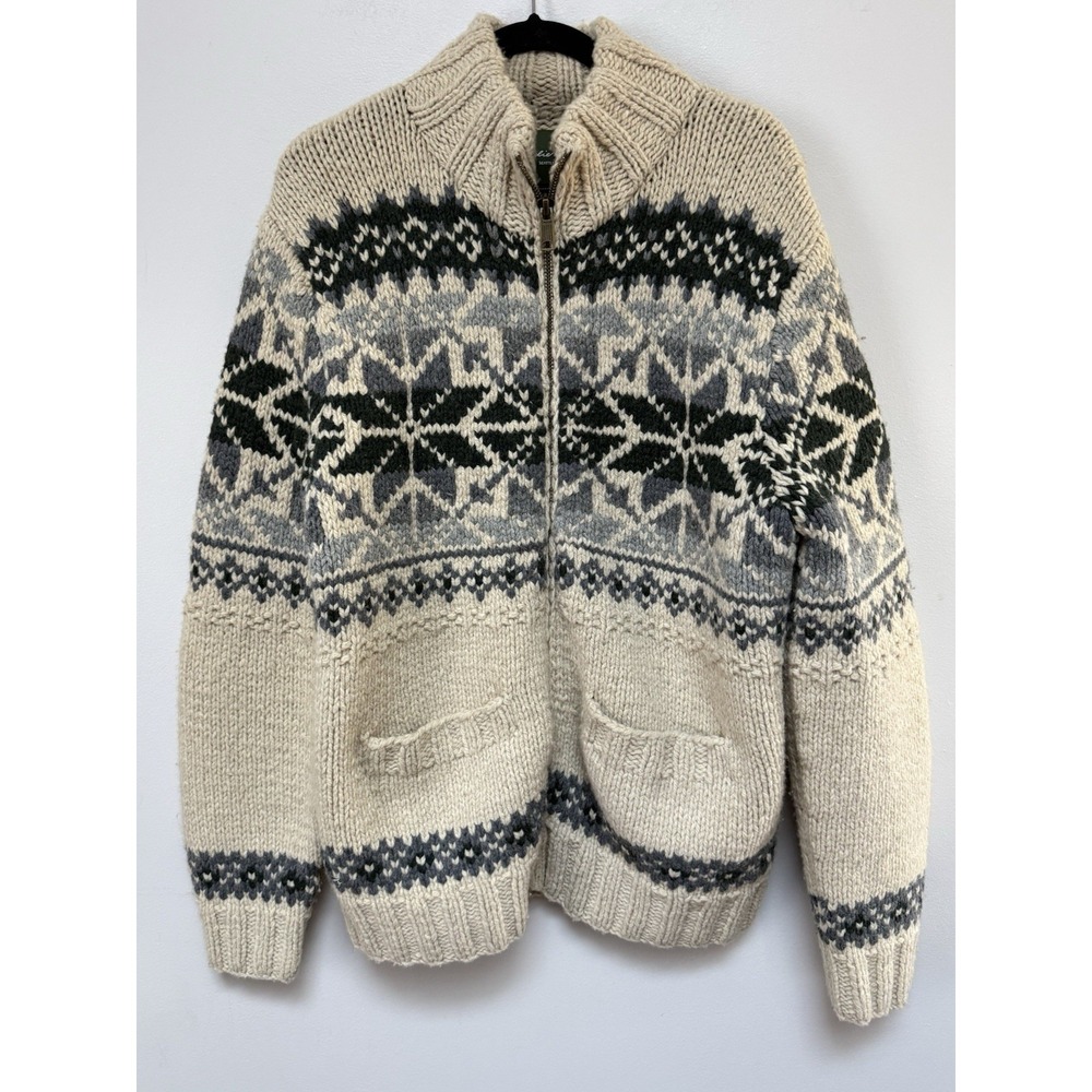 Vintage Eddie Bauer Mens Hand Knit Zip Sweater Grandpa Snowflake Medium Wool